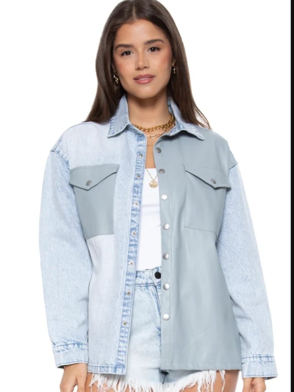 NWT Denim Mix UNreal Leather Shacket in Maui & Dusty Blue by Blue Revival